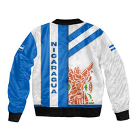 Nicaragua Cultural Art Sleeve Zip Bomber Jacket with Blue White Stripes and Indigenous Motif Design - Wonder Print Shop