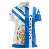 Nicaragua Cultural Art Women Polo Shirt with Blue White Stripes and Indigenous Motif Design - Wonder Print Shop
