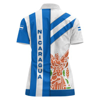 Nicaragua Cultural Art Women Polo Shirt with Blue White Stripes and Indigenous Motif Design - Wonder Print Shop