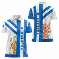 Nicaragua Cultural Art Women Polo Shirt with Blue White Stripes and Indigenous Motif Design - Wonder Print Shop