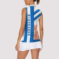 Nicaragua Cultural Art Women Sleeveless Polo Shirt with Blue White Stripes and Indigenous Motif Design - Wonder Print Shop