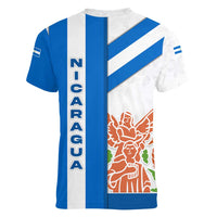 Nicaragua Cultural Art Women V-Neck T-Shirt with Blue White Stripes and Indigenous Motif Design - Wonder Print Shop