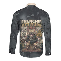 French Bulldog Tiny Body Major Attitude Long Sleeve Button Shirt Urban Streetwear Cool Frenchie Mascot Art