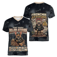 French Bulldog Tiny Body Major Attitude Women V-Neck T-Shirt Urban Streetwear Cool Frenchie Mascot Art
