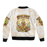 Powered By Golden Energy Bomber Jacket Golden Retriever In Toy Retro Comic Crate Art