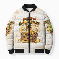 Powered By Golden Energy Bomber Puffer Jacket Golden Retriever In Toy Retro Comic Crate Art