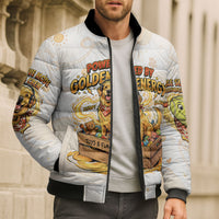 Powered By Golden Energy Bomber Puffer Jacket Golden Retriever In Toy Retro Comic Crate Art