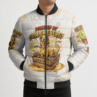 Powered By Golden Energy Bomber Puffer Jacket Golden Retriever In Toy Retro Comic Crate Art