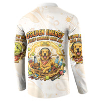 Powered By Golden Energy Button Sweatshirt Golden Retriever In Toy Retro Comic Crate Art