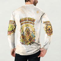 Powered By Golden Energy Button Sweatshirt Golden Retriever In Toy Retro Comic Crate Art