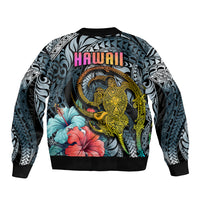 Hawaii Turtle Bomber Jacket Hawaii Pattern and Turtle Tattoo Dark Cyan Gradient - Wonder Print Shop