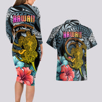 Hawaii Turtle Couples Matching Long Sleeve Bodycon Dress and Hawaiian Shirt Hawaii Pattern and Turtle Tattoo Dark Cyan Gradient - Wonder Print Shop