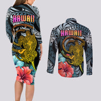 Hawaii Turtle Couples Matching Long Sleeve Bodycon Dress and Long Sleeve Button Shirts Hawaii Pattern and Turtle Tattoo Dark Cyan Gradient - Wonder Print Shop