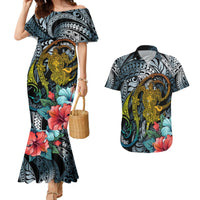 Hawaii Turtle Couples Matching Mermaid Dress and Hawaiian Shirt Hawaii Pattern and Turtle Tattoo Dark Cyan Gradient - Wonder Print Shop