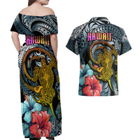 Hawaii Turtle Couples Matching Off Shoulder Maxi Dress and Hawaiian Shirt Hawaii Pattern and Turtle Tattoo Dark Cyan Gradient - Wonder Print Shop