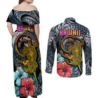 Hawaii Turtle Couples Matching Off Shoulder Maxi Dress and Long Sleeve Button Shirts Hawaii Pattern and Turtle Tattoo Dark Cyan Gradient - Wonder Print Shop
