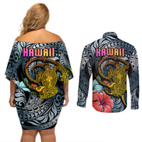 Hawaii Turtle Couples Matching Off Shoulder Short Dress and Long Sleeve Button Shirts Hawaii Pattern and Turtle Tattoo Dark Cyan Gradient - Wonder Print Shop