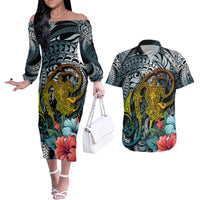 Hawaii Turtle Couples Matching Off The Shoulder Long Sleeve Dress and Hawaiian Shirt Hawaii Pattern and Turtle Tattoo Dark Cyan Gradient - Wonder Print Shop