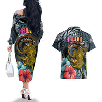 Hawaii Turtle Couples Matching Off The Shoulder Long Sleeve Dress and Hawaiian Shirt Hawaii Pattern and Turtle Tattoo Dark Cyan Gradient - Wonder Print Shop