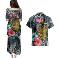 Hawaii Turtle Couples Matching Puletasi Dress and Hawaiian Shirt Hawaii Pattern and Turtle Tattoo Dark Cyan Gradient - Wonder Print Shop