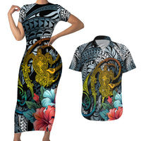 Hawaii Turtle Couples Matching Short Sleeve Bodycon Dress and Hawaiian Shirt Hawaii Pattern and Turtle Tattoo Dark Cyan Gradient - Wonder Print Shop