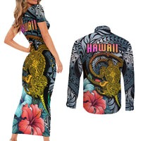 Hawaii Turtle Couples Matching Short Sleeve Bodycon Dress and Long Sleeve Button Shirts Hawaii Pattern and Turtle Tattoo Dark Cyan Gradient - Wonder Print Shop