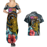 Hawaii Turtle Couples Matching Summer Maxi Dress and Hawaiian Shirt Hawaii Pattern and Turtle Tattoo Dark Cyan Gradient - Wonder Print Shop