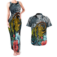 Hawaii Turtle Couples Matching Tank Maxi Dress and Hawaiian Shirt Hawaii Pattern and Turtle Tattoo Dark Cyan Gradient - Wonder Print Shop