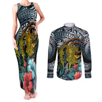 Hawaii Turtle Couples Matching Tank Maxi Dress and Long Sleeve Button Shirts Hawaii Pattern and Turtle Tattoo Dark Cyan Gradient - Wonder Print Shop