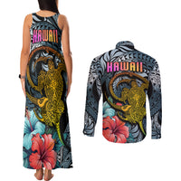 Hawaii Turtle Couples Matching Tank Maxi Dress and Long Sleeve Button Shirts Hawaii Pattern and Turtle Tattoo Dark Cyan Gradient - Wonder Print Shop