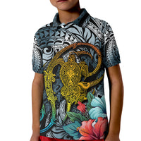 Hawaii Turtle Kid Polo Shirt Hawaii Pattern and Turtle Tattoo Dark Cyan Gradient - Wonder Print Shop