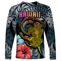 Hawaii Turtle Long Sleeve Shirt Hawaii Pattern and Turtle Tattoo Dark Cyan Gradient - Wonder Print Shop
