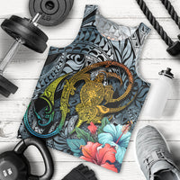 Men’s dark cyan tank top with large gold turtle tattoo graphic and hibiscus flowers