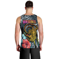 Men’s dark cyan tank top back view with “HAWAII” text, gold turtle tattoo and flowers