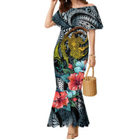 Women’s off-shoulder mermaid dress with dark cyan turtle print and red floral accents
