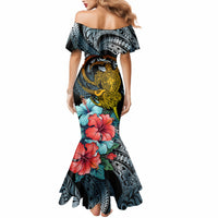 Women’s off-shoulder mermaid dress in dark cyan gradient with turtle artwork and hibiscus blooms