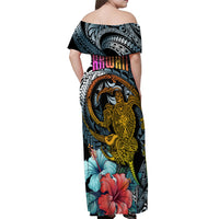 Hawaii Turtle Off Shoulder Maxi Dress Hawaii Pattern and Turtle Tattoo Dark Cyan Gradient - Wonder Print Shop