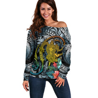 Hawaii Turtle Off Shoulder Sweater Hawaii Pattern and Turtle Tattoo Dark Cyan Gradient - Wonder Print Shop