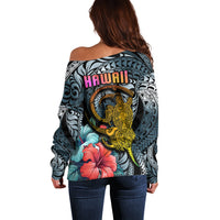 Hawaii Turtle Off Shoulder Sweater Hawaii Pattern and Turtle Tattoo Dark Cyan Gradient - Wonder Print Shop