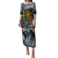 Hawaii Turtle Puletasi Hawaii Pattern and Turtle Tattoo Dark Cyan Gradient - Wonder Print Shop