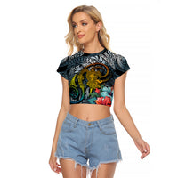 Hawaii Turtle Raglan Cropped T Shirt Hawaii Pattern and Turtle Tattoo Dark Cyan Gradient - Wonder Print Shop