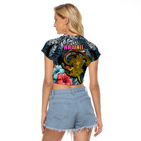 Hawaii Turtle Raglan Cropped T Shirt Hawaii Pattern and Turtle Tattoo Dark Cyan Gradient - Wonder Print Shop