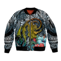 Hawaii Turtle Sleeve Zip Bomber Jacket Hawaii Pattern and Turtle Tattoo Dark Cyan Gradient - Wonder Print Shop