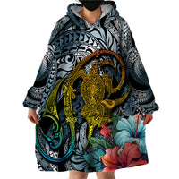 Hawaii Turtle Wearable Blanket Hoodie Hawaii Pattern and Turtle Tattoo Dark Cyan Gradient - Wonder Print Shop