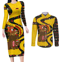 Germany Christmas Couples Matching Long Sleeve Bodycon Dress and Long Sleeve Button Shirt with Bear Boar Otter Squirrel and Holiday Pattern Design - Wonder Print Shop