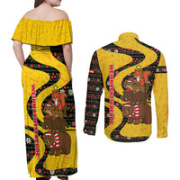 Germany Christmas Couples Matching Off Shoulder Maxi Dress and Long Sleeve Button Shirt with Bear Boar Otter Squirrel and Holiday Pattern Design - Wonder Print Shop