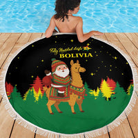 Bolivia Christmas Beach Blanket with Santa Claus Llama Andean Outfit and Festive Tree Design - Wonder Print Shop