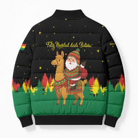 Bolivia Christmas Bomber Puffer Jacket with Santa Claus Llama Andean Outfit and Festive Tree Design - Wonder Print Shop
