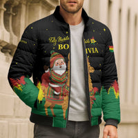Bolivia Christmas Bomber Puffer Jacket with Santa Claus Llama Andean Outfit and Festive Tree Design - Wonder Print Shop