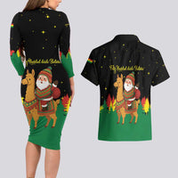 Bolivia Christmas Couples Matching Long Sleeve Bodycon Dress and Hawaiian Shirt with Santa Claus Llama Andean Outfit and Festive Tree Design - Wonder Print Shop
